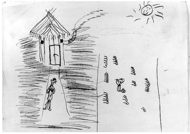 child's drawing of figure standing in front of a house