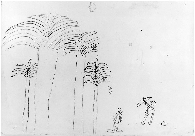 child's drawing of hunting with bow and boomerang