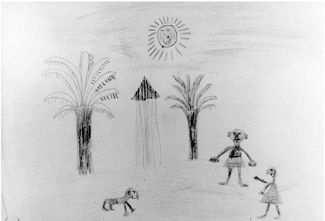 child's drawing of african hut, villagers and bright sun