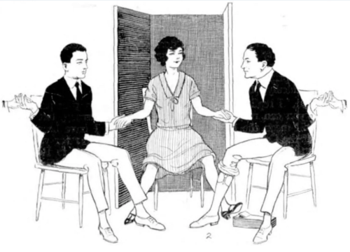 Illustration from a pamphlet published by Harry Houdini, purporting to show how Mina used a leg to create effects by trickery