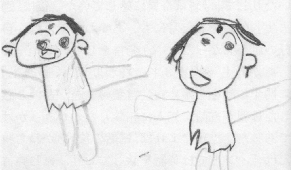 child's drawing of women with a bindi (mark on forehead)