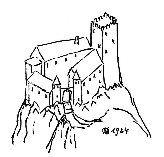 child's drawing of castle on a mountain peak