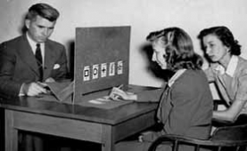 JB Rhine tests a subject with Zener cards at Duke University JB Rhine tests a subject with Zener cards at Duke University