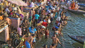 pilgrims bathing in the Ganges in Varanasi (Benares)