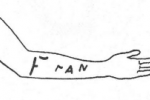 Illustration of telepathic 'skin-writing' by Olga Kahl. In this example, the word Francois', thought but not spoken by a person present, was followed by the letters F R A N appearing as red marks on Kahl's forearm.