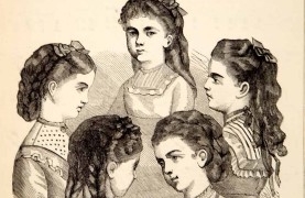 Teenage girls in Victorian fashion engraving