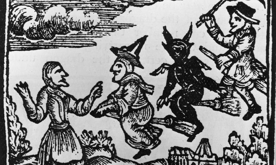 Early fifteenth century woodcut showing a witch, a demon and a warlock flying towards a peasant woman